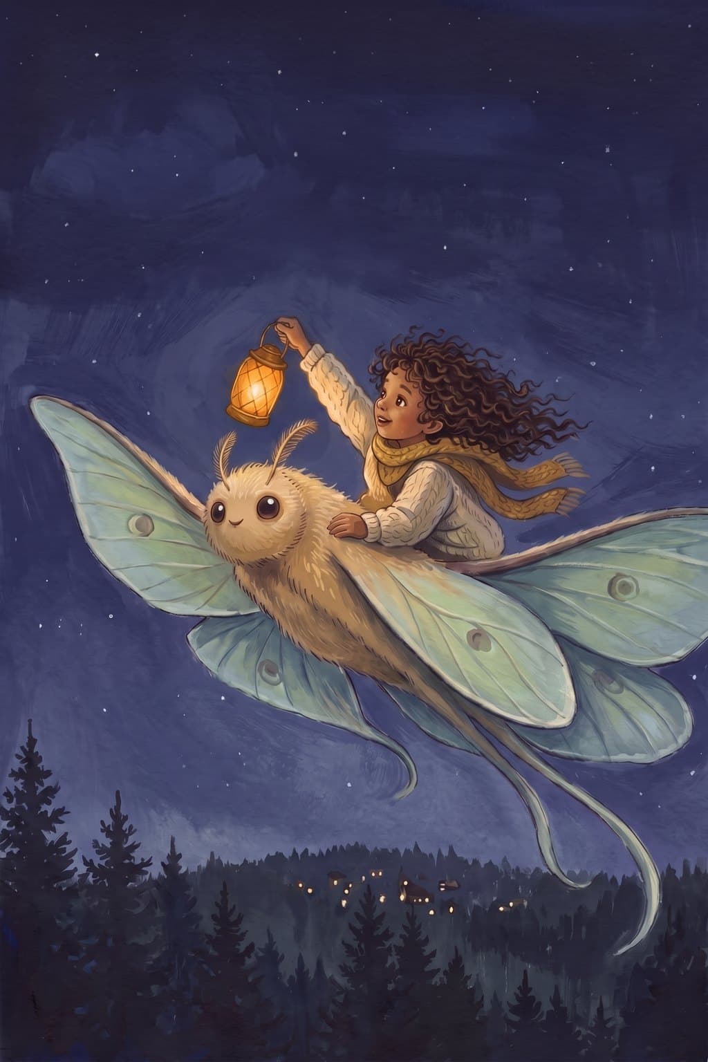 A child rides a giant, friendly luna moth through the night sky, holding up a lantern whose light writes your child’s name across the sky