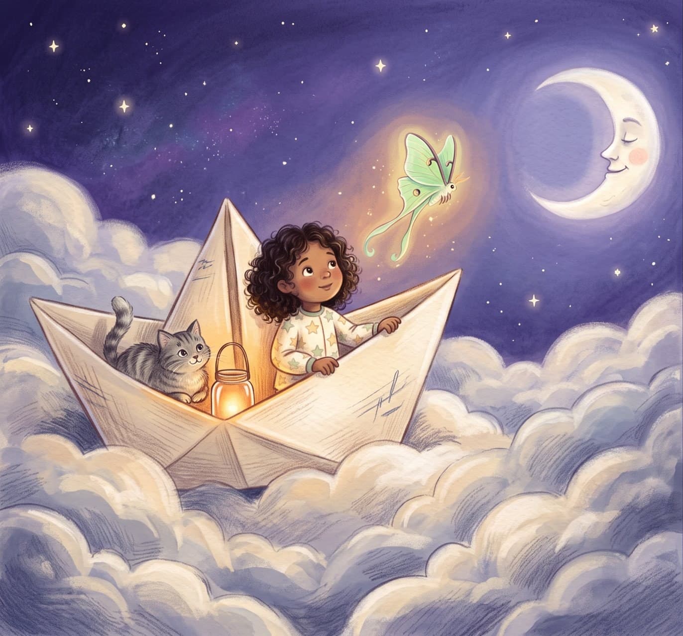 A child and a grey tabby cat sail a paper boat across the clouds, following a glowing moth towards a sleepy moon