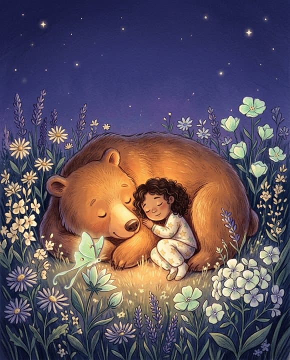 A child asleep against a friendly bear in a meadow of night flowers