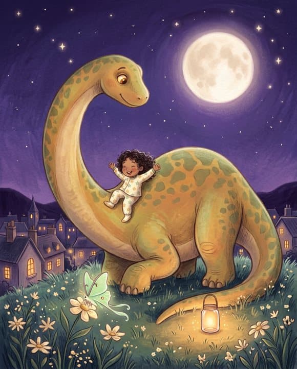 A child sliding down a gentle dinosaur under the stars