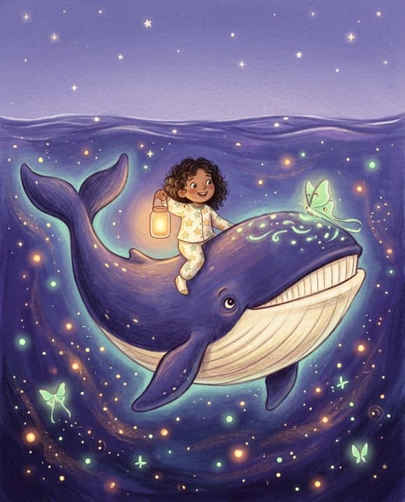 A child riding a smiling whale through glowing water