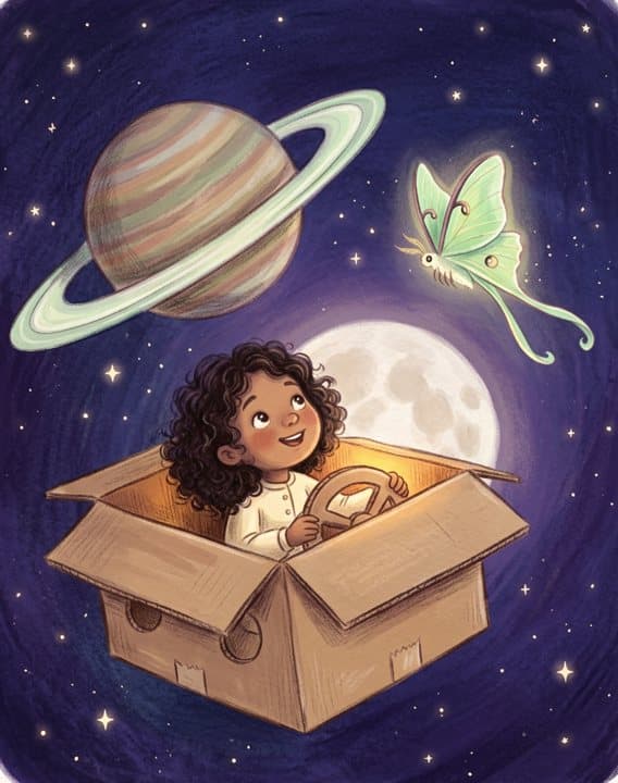 A child in a cardboard rocket beside a ringed planet