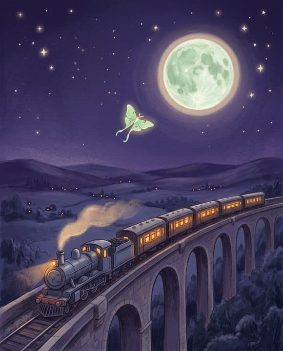 A steam train crossing a moonlit viaduct