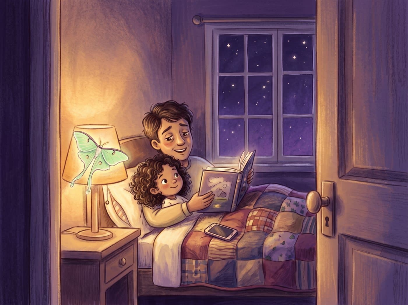 A parent and child reading a storybook in bed by lamplight, a pale green moth resting on the lampshade