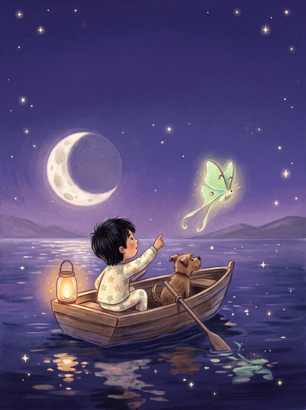 A child and his dog rowing across a moonlit sea behind a glowing moth