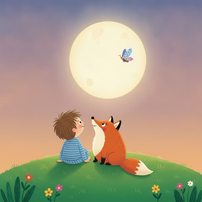 A child and a fox sit on a hill under the moon, with a moth flying by.