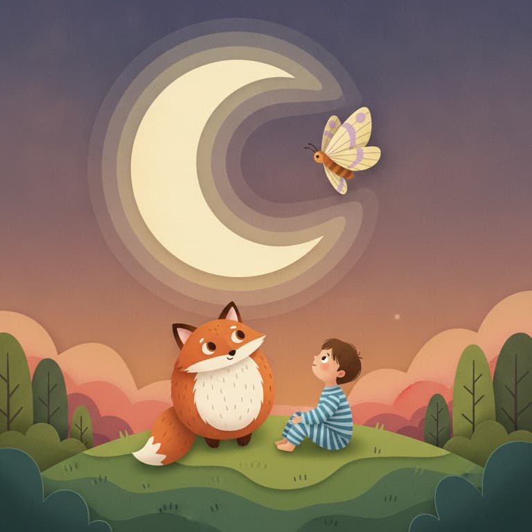 A child and a fox sit on a hill under the moon, with a moth flying by.