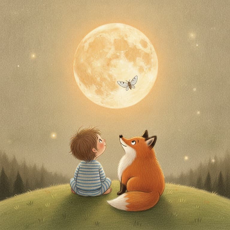 A child and a fox sit on a hill under the moon, with a moth flying by.