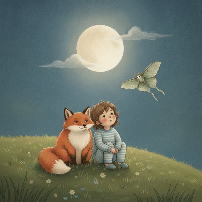 A child and a fox sit on a hill under the moon, with a moth flying by.