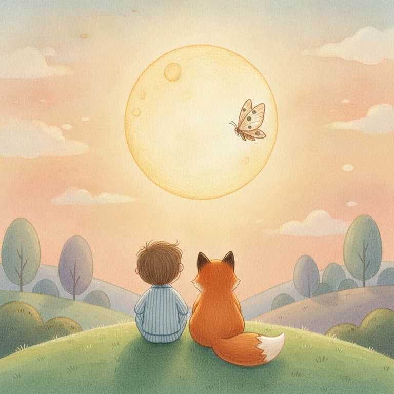 A child and a fox sit on a hill under the moon, with a moth flying by.
